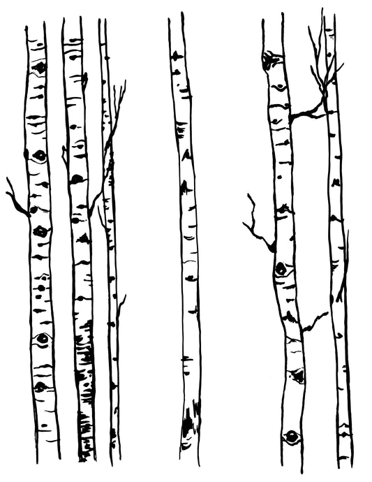 A black and white image of a silk screen stencil depicting multiple birch trees with a distressed pattern.