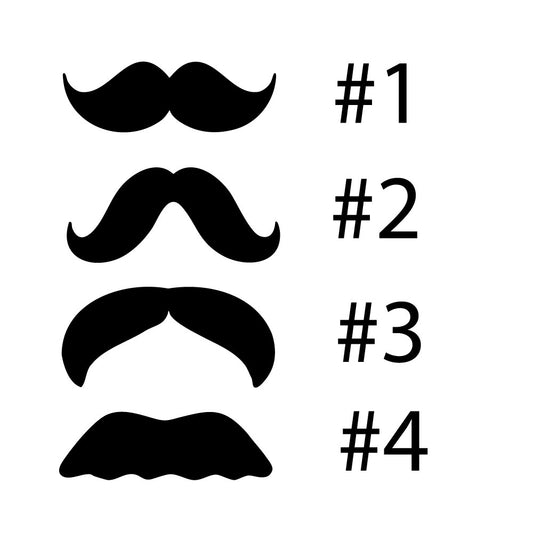 Four styles of COE 96 glass mustache shapes, waterjet cut in black, brown, white, or clear, sized 2", 3", or 4" wide for fused glass art and decor.