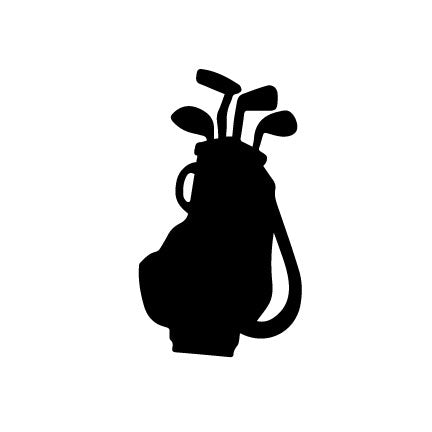 Silhouette of a golf bag with clubs in COE 96 glass, available in black, white, red, blue, or clear, sized 3 to 4.5 inches tall for fused art.