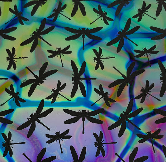 Dragonflies etched on dichroic glass